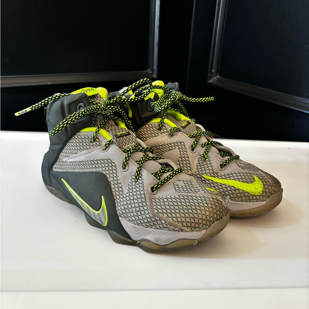 Nike Kids Lebron 12 Dunk Force High-Top Sneakers - Gray and Neon Green - 4.5Y